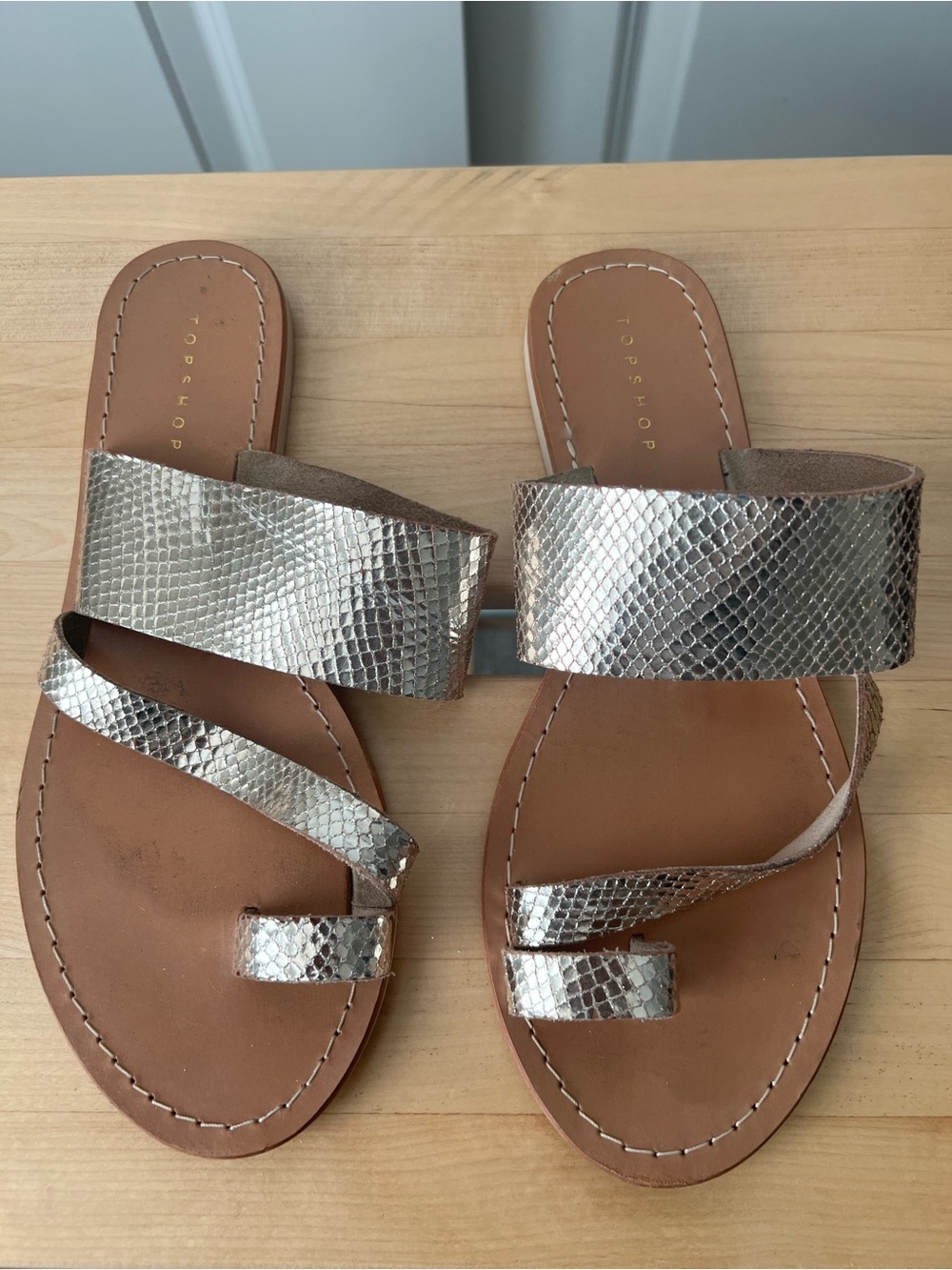 Topshop Gold Metallic Snake-Print Leather Slide Sandals